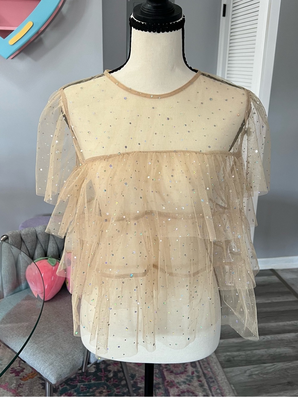 NWT Forever21 Sparkle Layered Tulle Blouse in Champagne